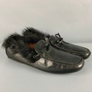 CAR SHOE Size 8 Black Leather Fur Trim Drivers Loafers